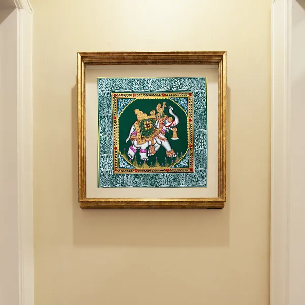 Rajasthani_Handmade_Miniature_Painting_Elephant_Green_Background_Facing_Right_With_Golden_Detailing