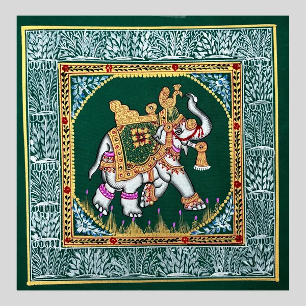 Rajasthani_Handmade_Miniature_Painting_Elephant_Green_Background_Facing_Right_With_Golden_Detailing