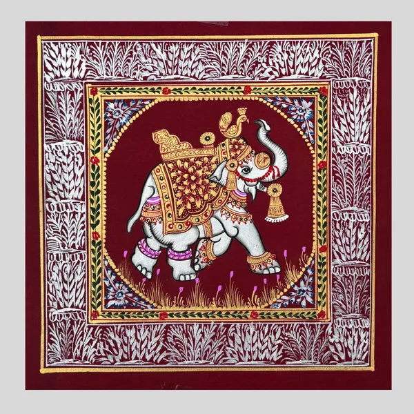 Rajasthani_Handmade_Miniature_Painting_Elephant_Maroon_Background_Facing_Right_With_Golden_Detailing
