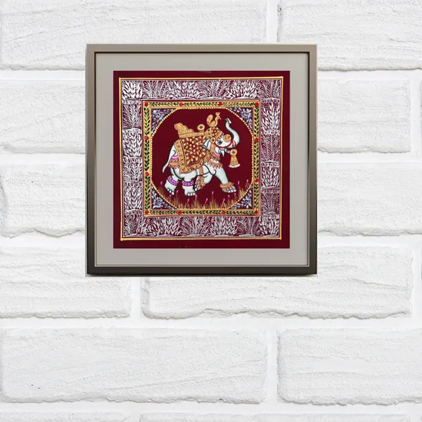 Rajasthani_Handmade_Miniature_Painting_Elephant_Maroon_Background_Facing_Right_With_Golden_Detailing