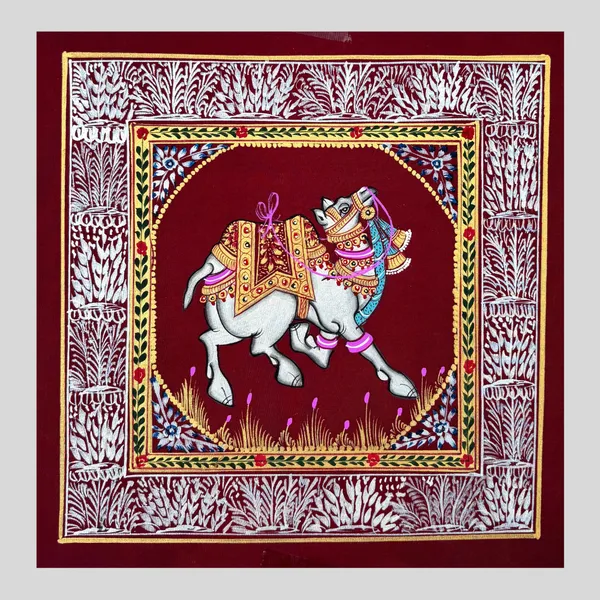 Rajasthani_Handmade_Miniature_Painting_Camel_Maroon_Background_Facing_Right_With_Golden_Detailing