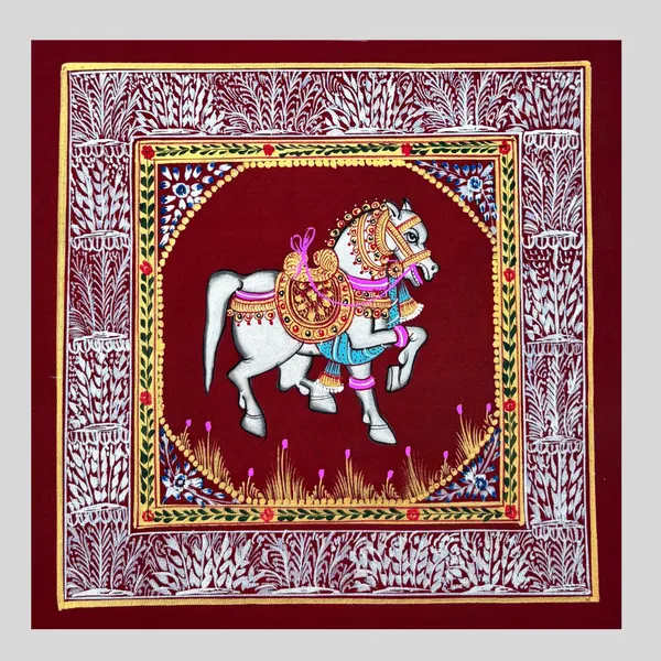 Rajasthani_Handmade_Miniature_Painting_Horse_Maroon_Background_Facing_Right_With_Golden_Detailing