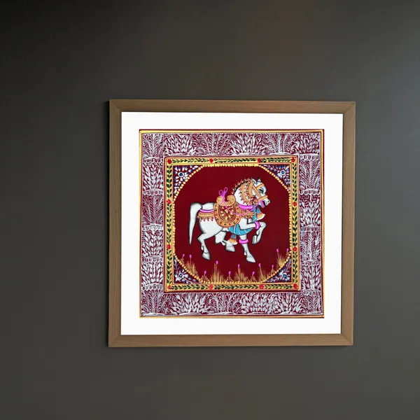 Rajasthani_Handmade_Miniature_Painting_Horse_Maroon_Background_Facing_Right_With_Golden_Detailing