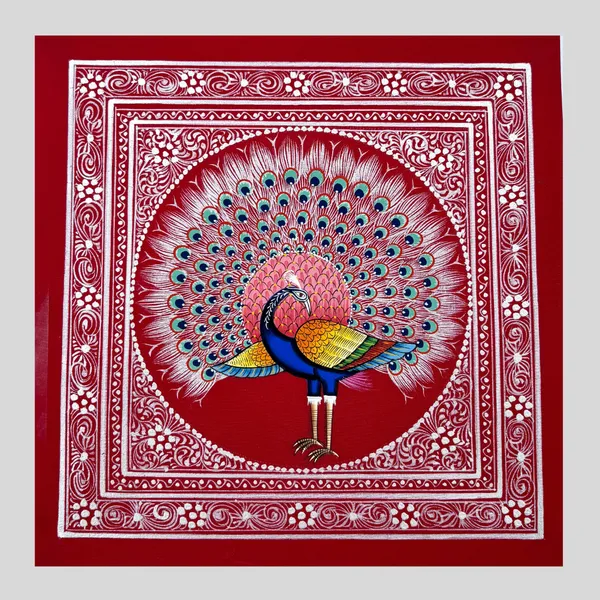 Rajasthani_Handmade_Miniature_Painting_Royal_Peacock_Maroon_Background_Facing_Right