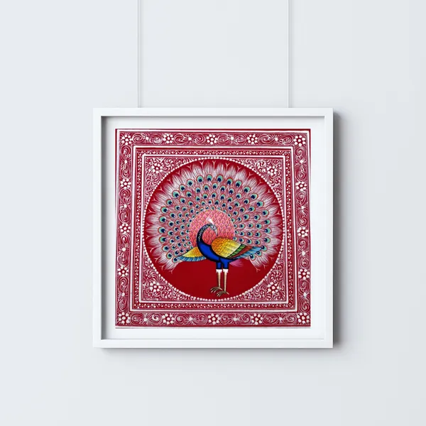 Rajasthani_Handmade_Miniature_Painting_Royal_Peacock_Maroon_Background_Facing_Right