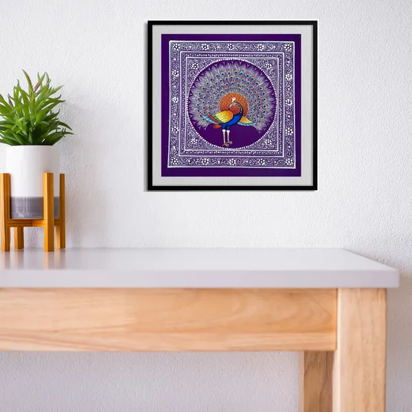Rajasthani_Handmade_Miniature_Painting_Royal_Peacock_Purple_Background_Facing_Left