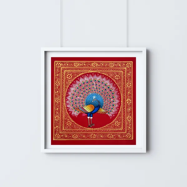 Rajasthani_Handmade_Miniature_Painting_Royal_Peacock_Red_Background_Facing_Left