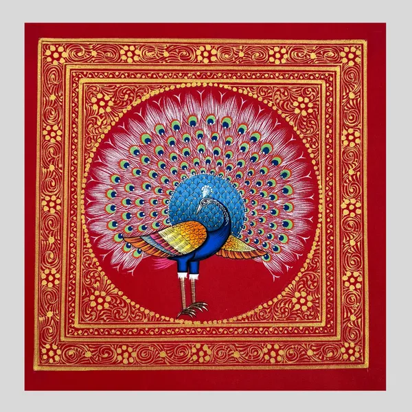 Rajasthani_Handmade_Miniature_Painting_Royal_Peacock_Red_Background_Facing_Left
