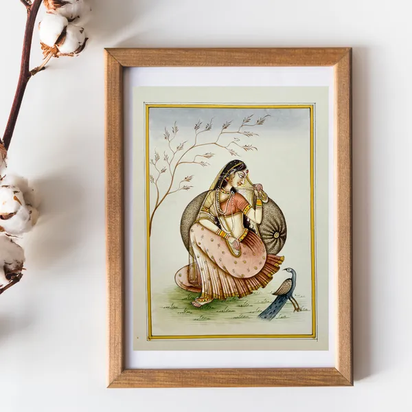 Rajasthani_Handmade_Miniature_Painting_Ragini_With_Peacock_In_Garden