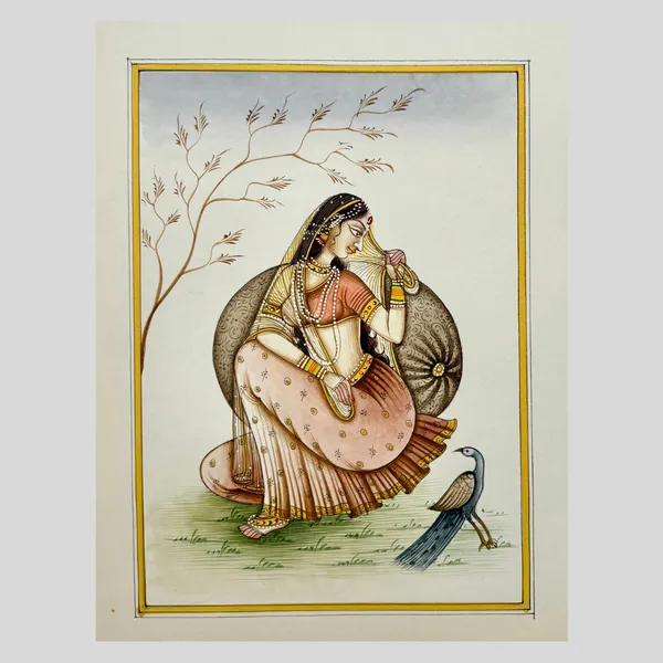 Rajasthani_Handmade_Miniature_Painting_Ragini_With_Peacock_In_Garden