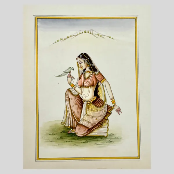 Rajasthani_Handmade_Miniature_Painting_Ragini_With_Parrot