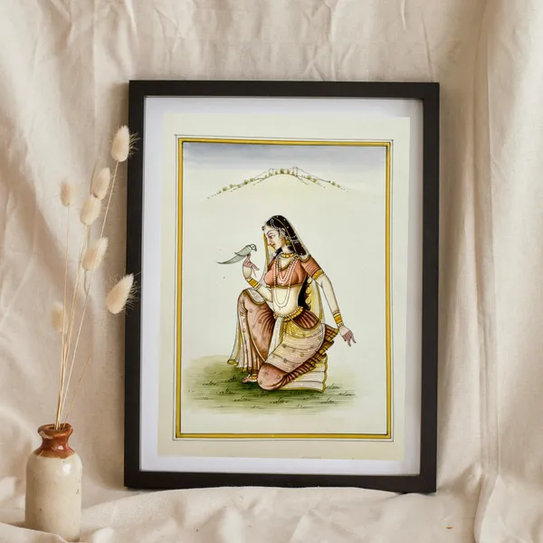 Rajasthani_Handmade_Miniature_Painting_Ragini_With_Parrot