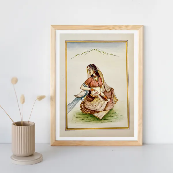 Rajasthani_Handmade_Miniature_Painting_Ragini_With_Peacock
