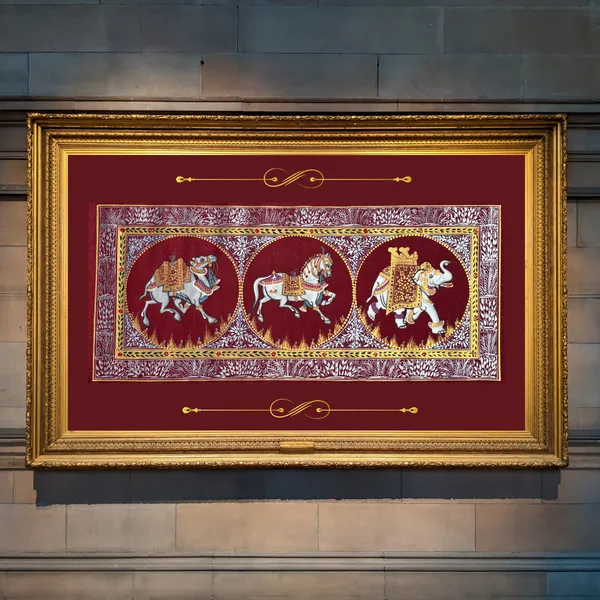Rajasthani_Handmade_Miniature_Painting_Camel_Elephant_Horse_Trio_Maroon_Colour_With_Golden_Detailing