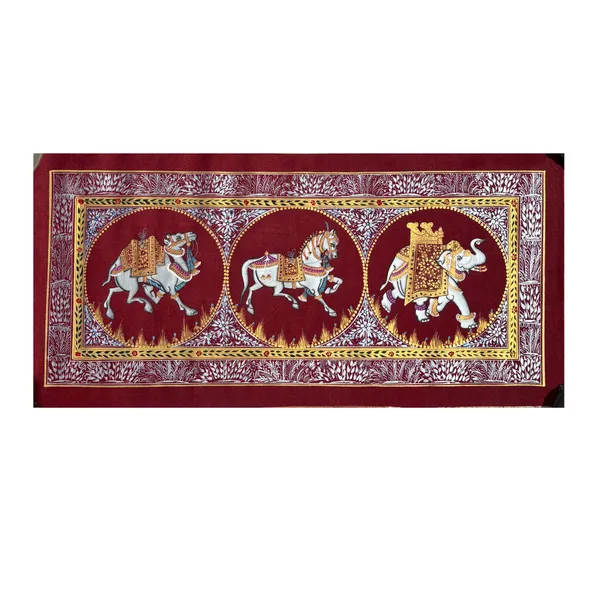 Rajasthani_Handmade_Miniature_Painting_Camel_Elephant_Horse_Trio_Maroon_Colour_With_Golden_Detailing