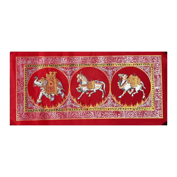 Rajasthani_Handmade_Miniature_Painting_Camel_Elephant_Horse_Trio_Red_Colour_With_Golden_Detailing