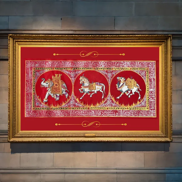 Rajasthani_Handmade_Miniature_Painting_Camel_Elephant_Horse_Trio_Red_Colour_With_Golden_Detailing