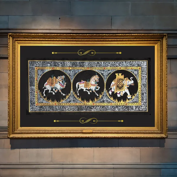 Rajasthani_Handmade_Miniature_Painting_Camel_Elephant_Horse_Trio_Black_Colour_With_Golden_Detailing