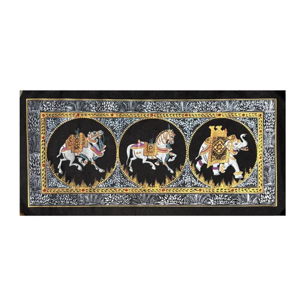 Rajasthani_Handmade_Miniature_Painting_Camel_Elephant_Horse_Trio_Black_Colour_With_Golden_Detailing