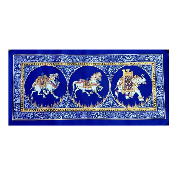 Rajasthani_Handmade_Miniature_Painting_Camel_Elephant_Horse_Trio_Royal_Blue_Colour_With_Golden_Detailing