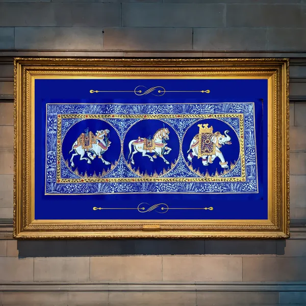 Rajasthani_Handmade_Miniature_Painting_Camel_Elephant_Horse_Trio_Royal_Blue_Colour_With_Golden_Detailing