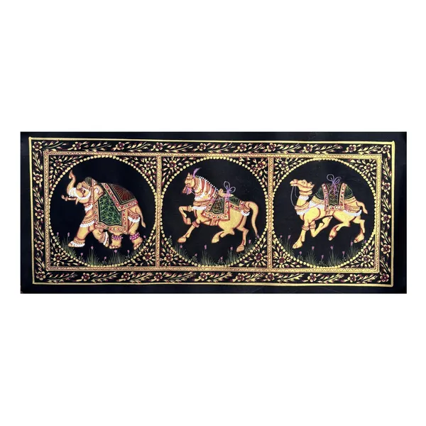 Rajasthani_Handmade_Miniature_Painting_Camel_Elephant_Horse_Trio_Black_Colour_With_Golden_Detailing