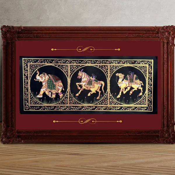 Rajasthani_Handmade_Miniature_Painting_Camel_Elephant_Horse_Trio_Black_Colour_With_Golden_Detailing