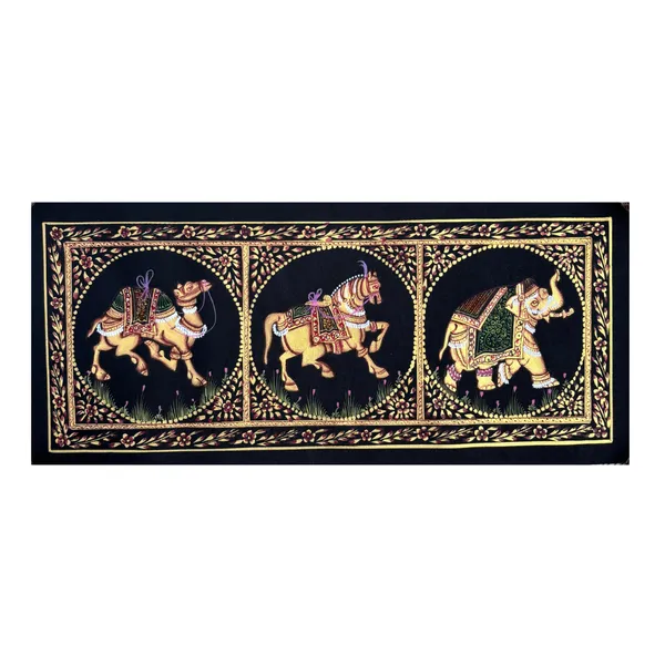 Rajasthani_Handmade_Miniature_Painting_Camel_Elephant_Horse_Trio_Black_Colour_With_Golden_Detailing