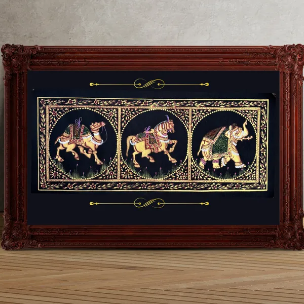 Rajasthani_Handmade_Miniature_Painting_Camel_Elephant_Horse_Trio_Black_Colour_With_Golden_Detailing
