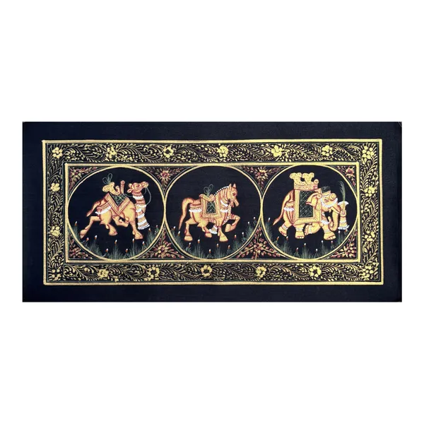 Rajasthani_Handmade_Miniature_Painting_Camel_Elephant_Horse_Trio_Black_Colour_With_Golden_Detailing