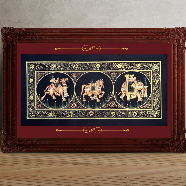Rajasthani_Handmade_Miniature_Painting_Camel_Elephant_Horse_Trio_Black_Colour_With_Golden_Detailing