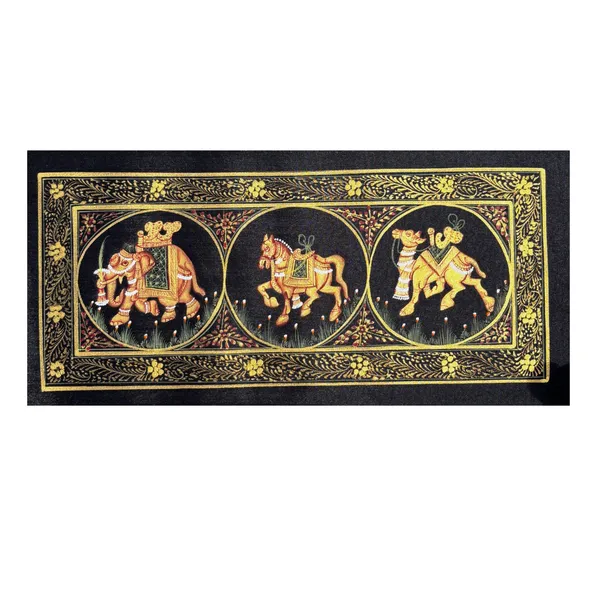 Rajasthani_Handmade_Miniature_Painting_Camel_Elephant_Horse_Trio_Black_Colour_With_Golden_Detailing