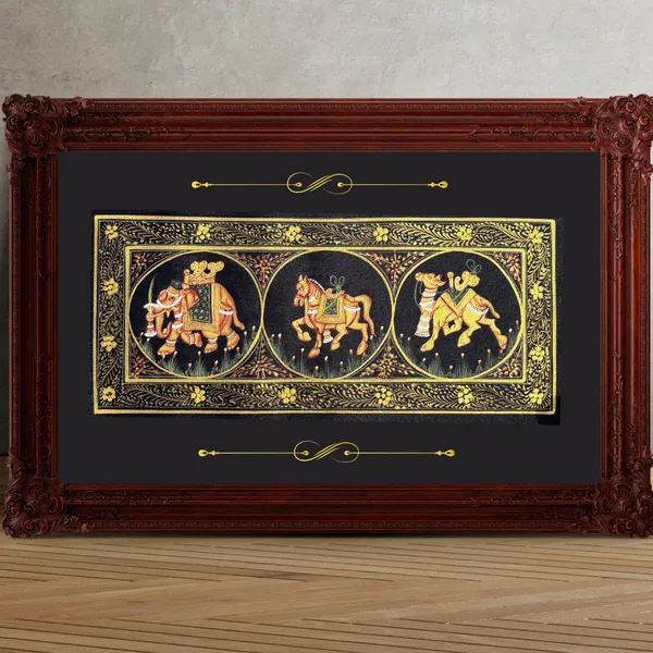 Rajasthani_Handmade_Miniature_Painting_Camel_Elephant_Horse_Trio_Black_Colour_With_Golden_Detailing