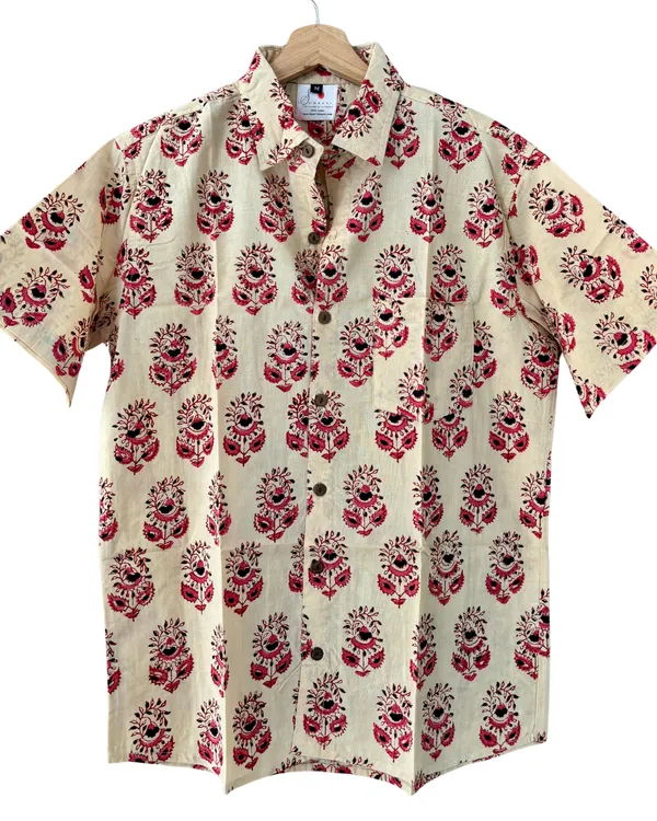 Hand_Blockprinted_Cotton_Half_Sleeve_Shirt_For_Men_Regular_Fit_Beige_Pink_Floral_Pattern