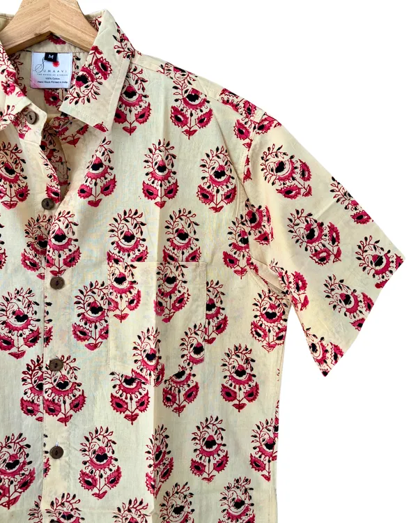 Hand_Blockprinted_Cotton_Half_Sleeve_Shirt_For_Men_Regular_Fit_Beige_Pink_Floral_Pattern