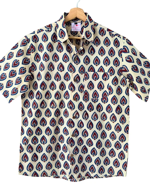 Hand_Blockprinted_Cotton_Half_Sleeve_Shirt_For_Men_Regular_Fit_Beige_Red_Blue_Motifs