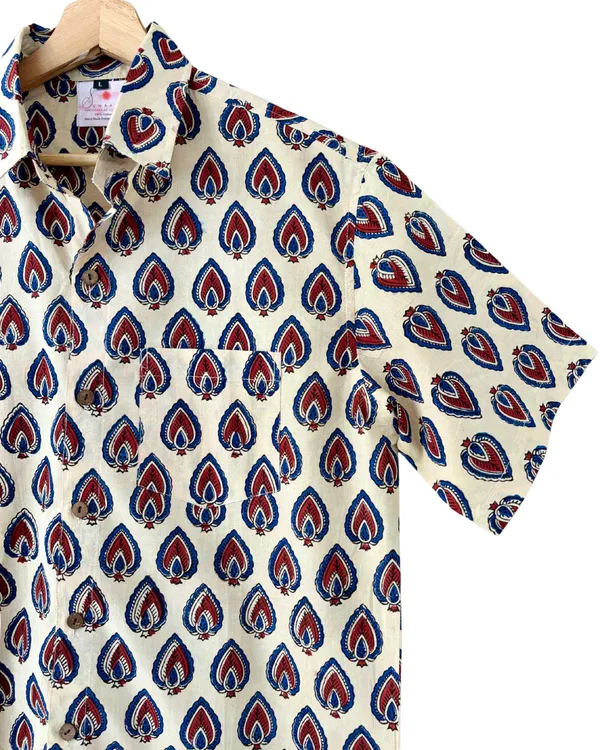 Hand_Blockprinted_Cotton_Half_Sleeve_Shirt_For_Men_Regular_Fit_Beige_Red_Blue_Motifs