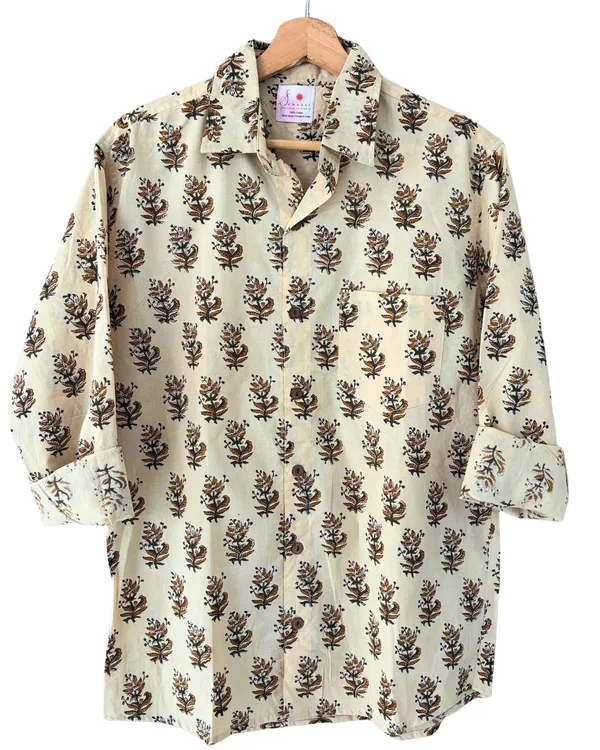 Hand_Blockprinted_Cotton_Full_Sleeve_Shirt_For_Men_Regular_Fit_Beige_Brown_Motifs