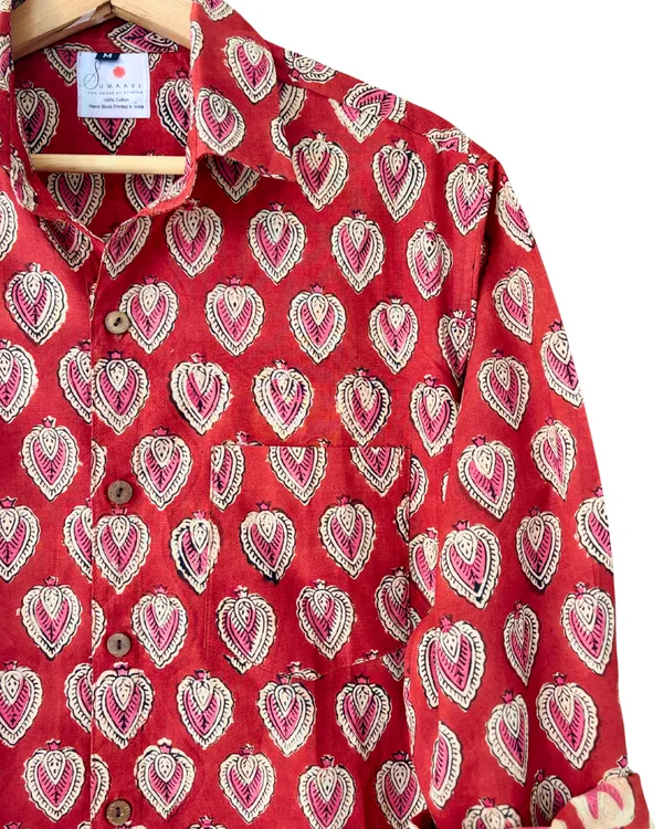 Hand_Blockprinted_Cotton_Full_Sleeve_Shirt_For_Men_Regular_Fit_Red_White_Motifs