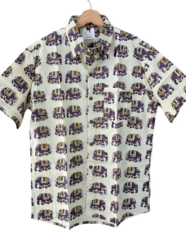 Hand_Blockprinted_Cotton_Half_Sleeve_Shirt_For_Men_Regular_Fit_Beige_Elephant_Pattern