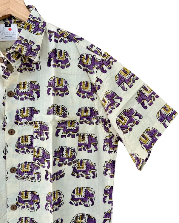 Hand_Blockprinted_Cotton_Half_Sleeve_Shirt_For_Men_Regular_Fit_Beige_Elephant_Pattern