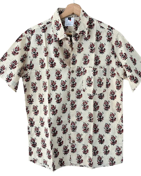 Hand_Blockprinted_Cotton_Half_Sleeve_Shirt_For_Men_Regular_Fit_Beige_Brown_Floral_Pattern