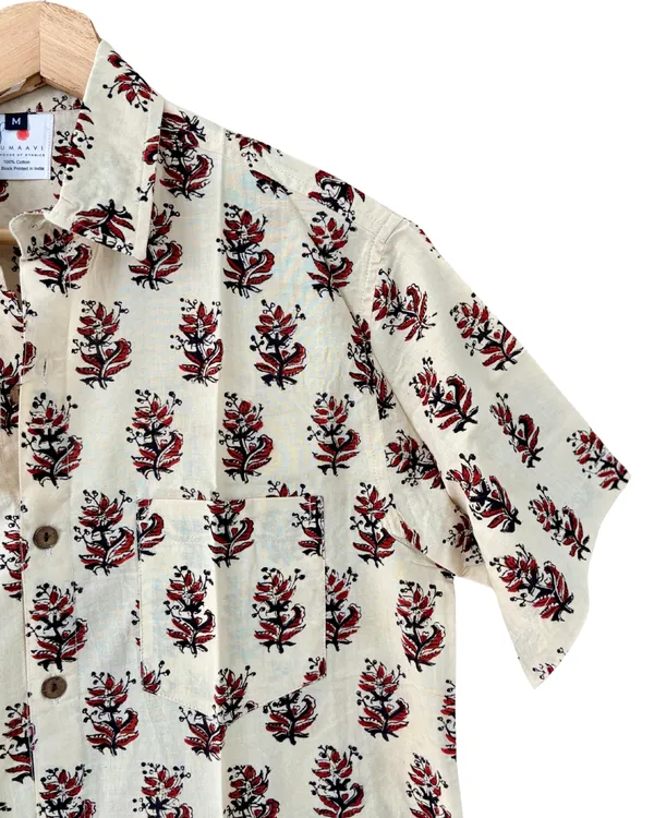 Hand_Blockprinted_Cotton_Half_Sleeve_Shirt_For_Men_Regular_Fit_Beige_Brown_Floral_Pattern