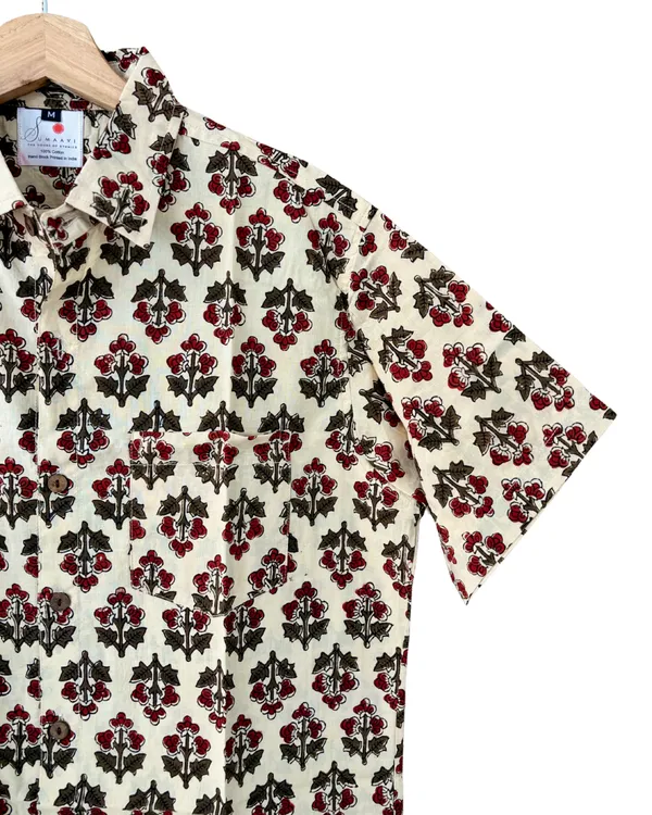 Hand_Blockprinted_Cotton_Half_Sleeve_Shirt_For_Men_Regular_Fit_Beige_Brown_Red_Floral_Pattern