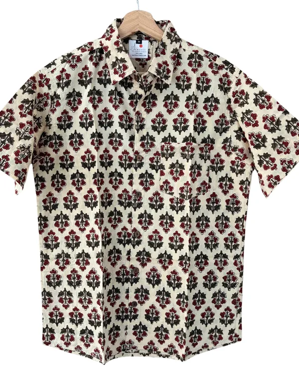 Hand_Blockprinted_Cotton_Half_Sleeve_Shirt_For_Men_Regular_Fit_Beige_Brown_Red_Floral_Pattern