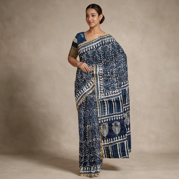 Hand_Blockprinted_Kota_Doriya_Saree_Indigo