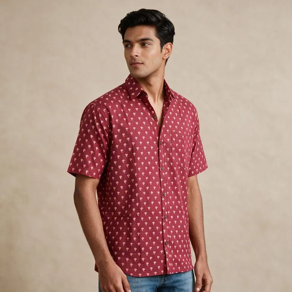 Hand_Blockprinted_Cotton_Half_Sleeve_Shirt_For_Men_Regular_Fit_Red_Small_Print