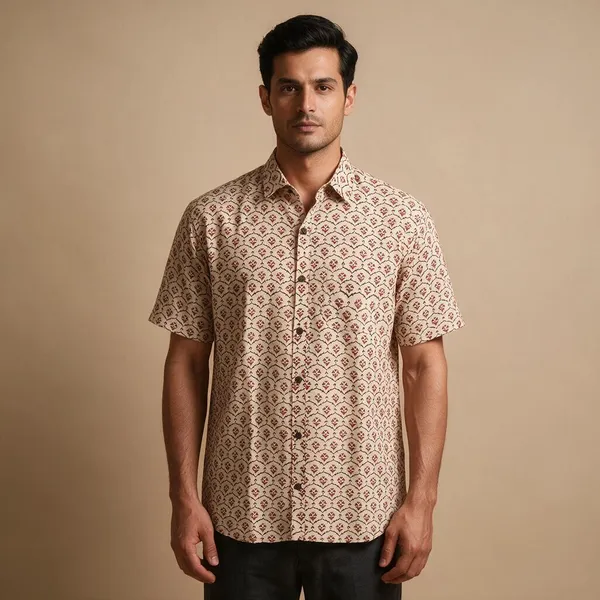 Hand_Block_Printed_Cotton_Half_Sleeve_Shirt_For_Men_Regular_Fit_Beige