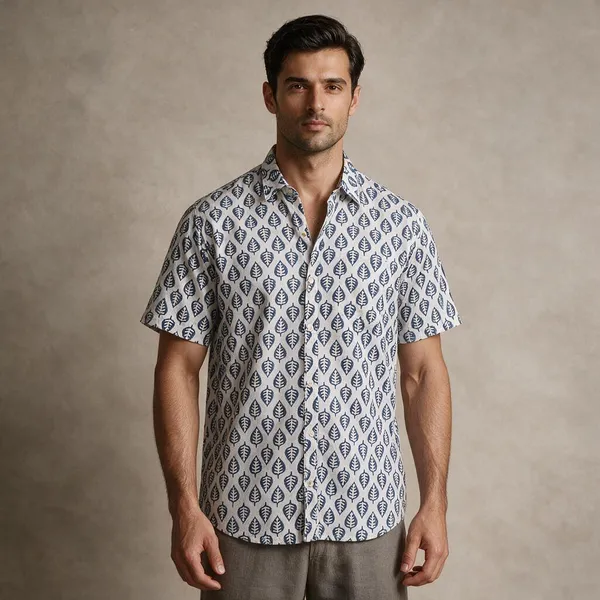 Hand_Blockprinted_Cotton_Half_Sleeve_Shirt_For_Men_Regular_Fit_White_Blue_Motifs