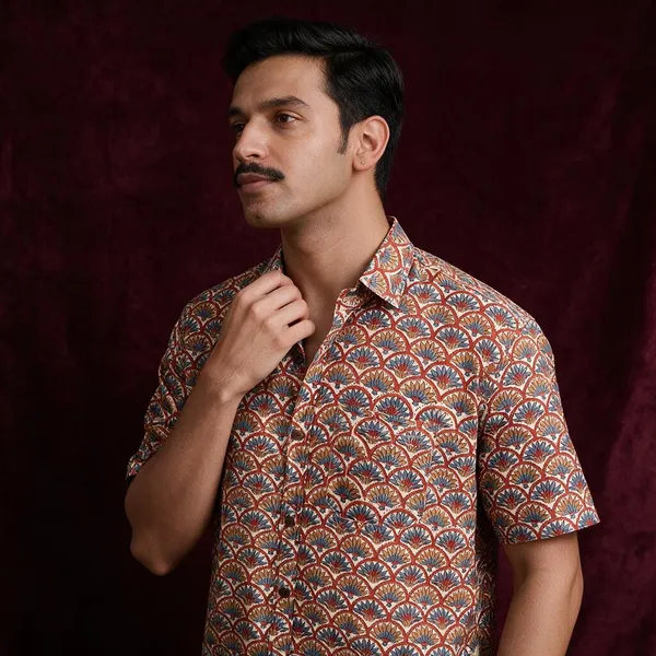 Hand_Blockprinted_Cotton_Half_Sleeve_Shirt_For_Men_Regular_Fit_Beige_Blue_Motifs